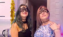 two adorable horny girls swallow cock together in a homemade threesome.