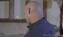 Baldheaded husband intensely fucks his busty wife with monster cock