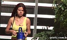 Neighbor catches cute brazilian teen naked in backyard