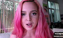 Pov colored hair teen 18+ with tattoos and piercings gives intense handjob to boyfriend while talking dirty in close-up