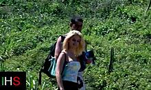 blonde girl gets double penetrated and muff dived at seaside