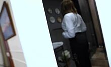 in the bathroom, she catches him watching and things heat up fast with sloppy face fucking and cum in mouth