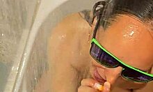 Hot wife’s steamy bath turns into a wild blowjob and handjob scene.