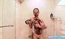 Chocolate-Covered Teen Paris Milan Strips and Teases in Shower