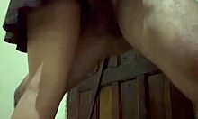 Young Brunette Lifts Her Leg As The Guy With A Monster Cock Fucks Her Pussy Quickly From Below.