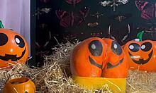 teen gets double creampie in her ass and pussy doggystyle in pumpkin patch 😈