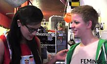 Blonde step sis seduced in cafe with dildo!