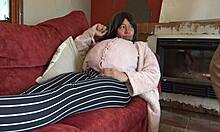 Horny pregnant stepmother demands stepson fuck and creampie her hairy pussy