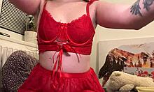 Blonde Girl In Red Outfit Posing And Showing Her Body And Feet In Detail