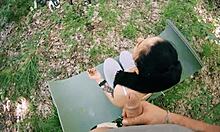 Pov behind scenes jerking on brunette during yoga meditation