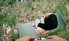 Pov behind scenes jerking on brunette during yoga meditation