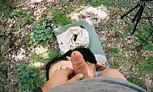 Pov behind scenes jerking on brunette during yoga meditation