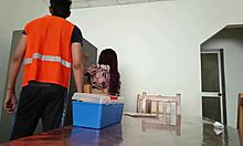 Latina housewife shows vagina on desk while maintenance man checks fridge