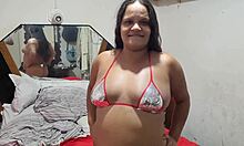 Paty tans her big ass and hairy pussy.