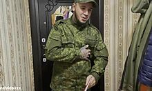 Russian soldier bangs lonely wife in both tight holes at home. Her moans echo through the empty house.