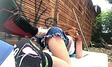 Intensely Fucking Her Tight Ass With A Sex Toy In Public Outdoors