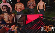 christy's wild birthday bang caught on outdoor group camera