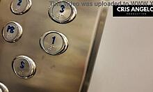 Stuck in the elevator during blackout, she passionately fucks her married neighbor with spanking and anal fingering at the party