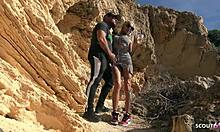 German fit mature wife Sophie Logan with big tits cheats in risky public beach quickie