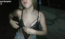 Teen in lingerie bends over for doggystyle blowjob on big cock at night