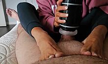 The amateur wife gives a handjob to the horny neighbor