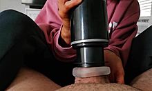 The amateur wife gives a handjob to the horny neighbor