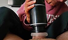 The amateur wife gives a handjob to the horny neighbor