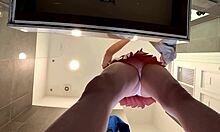 Braless Hot Brunette Skinny Babe In Pink Mini Skirt Showing Ass And Legs In Bathroom