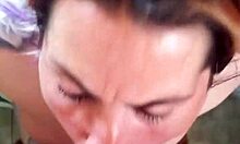 I suck too hard on his cock for deepthroat blowjob. Blonde slut girlfriend takes facial.