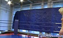 Busty euro lesbian pleasured orally after wrestling fight, close-up tits