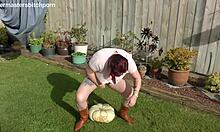 Kiwi Trashy Milf Uses Huge Pumpkin as Toilet in Backyard