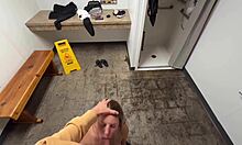 in the public shower, she gave a blowjob and got caught masturbating