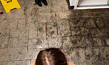 in the public shower, she gave a blowjob and got caught masturbating