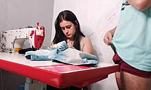 Married seamstress watches client's erection during handjob and licking.