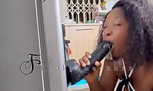 hot milf camgirl uses 14 inches dildo on fridge in kitchen