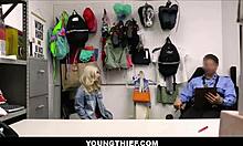 Cute skinny blonde teen 18+ Emma Rosie caught shoplifting in shop with clothes ripped and monster cock