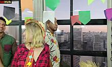 ebony amateur gives blowjob to big black cock in interracial scene with natural tits