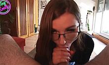 Tiny 18+ german nerd girlfriend emily with glasses performs intense pov blowjob leading to facial cumshot