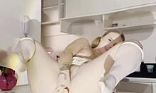 skinny blonde couldn't hold back and squirted during anal on living room table