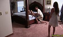 Step mommy and babysitter engage in bisexual roleplay