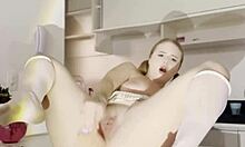 skinny blonde couldn't hold back and squirted during anal on living room table