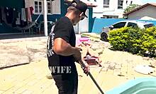 waited for husband to leave then fucked the pool cleaner in red sheer 😏