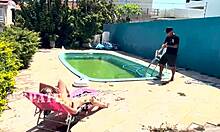 waited for husband to leave then fucked the pool cleaner in red sheer 😏