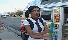 while flashing an upskirt to the ice cream man lol