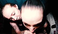 double blowjob and swallow in bathroom threesome