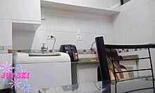 the maid was caught rubbing her pussy on the washing machine in the kitchen