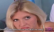 Gorgeous nervous blonde undresses for first time interview on sofa