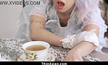 The lucky guy is eager to taste treat between asian teen's legs