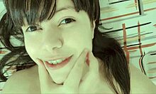 Young petite 18+ Hana Lily shows tiny smooth pink pussy on bed