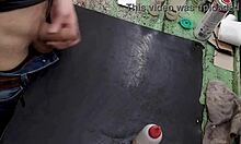 Young skinny girl with small waist masturbates on her workbench at work, solo and sexy